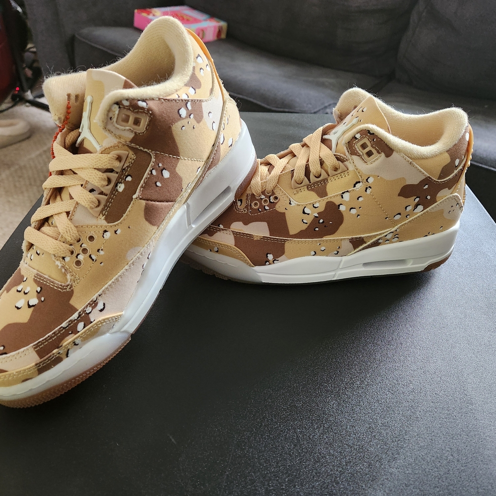 Jordan Tan and Orange Athletic Shoes with Camouflage Design